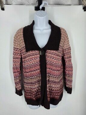 JM Collection Pink Brown Textured Knit Single Button Cardigan Sweater Small Cott